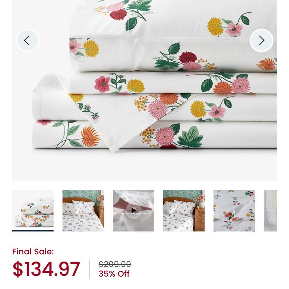 Rifle Paper Co. Company Store Cotton percale Sheet Set Ditsy Dalia print, cream